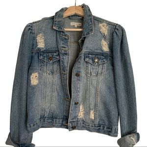 NWOT Anthropologie Moon River Puff Sleeve Distressed Cropped Denim Jacket